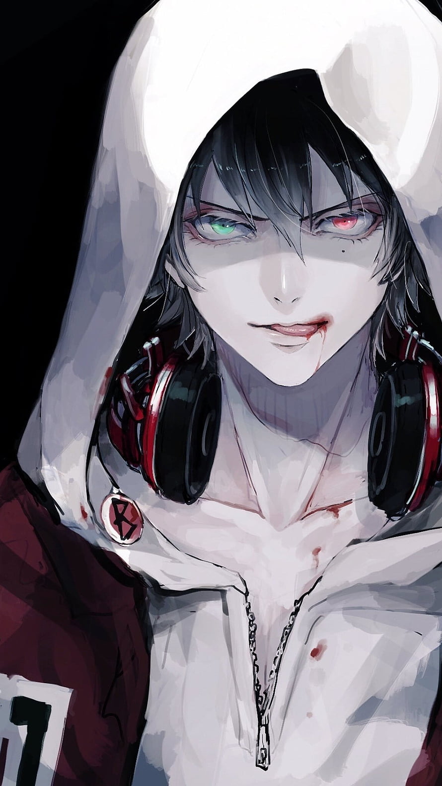 Joker from Persona 5 wearing a white hoodie and headphones with heterochromia HD phone wallpaper