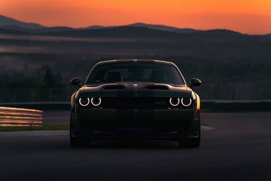 Dodge Charger SRT Hellcat Front View on a Race Track at Sunset HD wallpaper