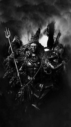 Dark Artistic Illustration of Lord Shiva with Trishul and Damru in Black and White HD phone wallpaper