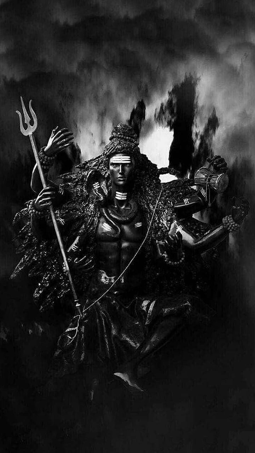Dark Artistic Illustration of Lord Shiva with Trishul and Damru in Black and White HD phone wallpaper