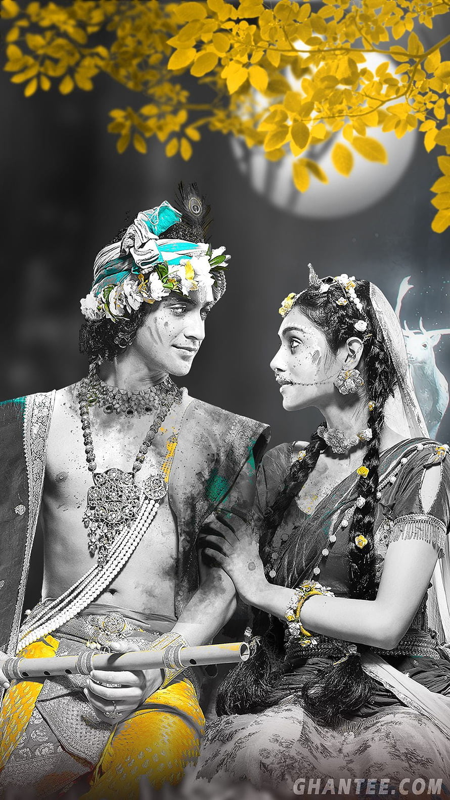 Radha Krishna in Traditional Attire with Flute and Yellow Floral Accents HD phone wallpaper
