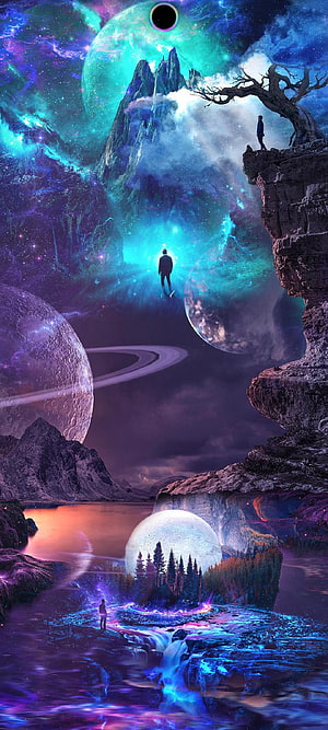Surreal Cosmic Landscape With Floating Planets, Glowing Waterfalls, and Solitary Figures in a Dreamlike Fantasy Realm HD phone wallpaper