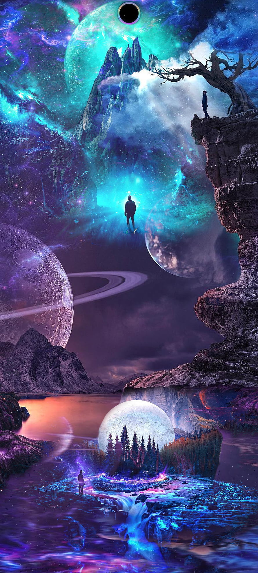 Surreal Cosmic Landscape With Floating Planets, Glowing Waterfalls, and Solitary Figures in a Dreamlike Fantasy Realm HD phone wallpaper