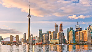 Toronto Skyline at Golden Hour with CN Tower and Lake Ontario Waterfront HD wallpaper