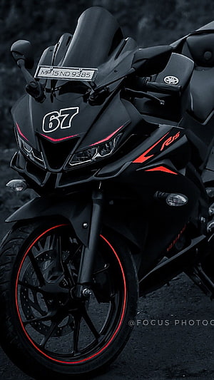Matte Black Yamaha R15 Sport Motorcycle with Red Accents and Custom 67 Decal HD phone wallpaper