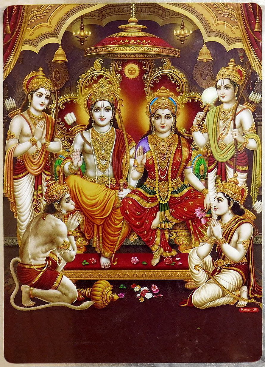 Lord Rama and Sita Coronation with Hanuman and Lakshmana Hindu Deity Art, Ram Darbar Poster. Lord rama , Lord hanuman , Shree ram HD phone wallpaper