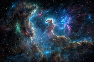 Epic Cosmic Nebula with Towering Pillars of Creation and Distant Planets HD wallpaper