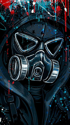 Dark Anime Style Gas Mask Character With Red And Blue Paint Splatters HD phone wallpaper