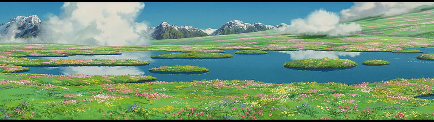 Spirited Away Landscape Wallpaper - Animated Scenery with Mountains, Lake, and Flower Fields HD wallpaper