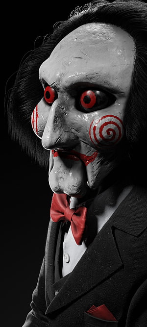 Jigsaw Billy the Puppet Horror Mask with Red Spiral Cheeks and Bow Tie HD phone wallpaper