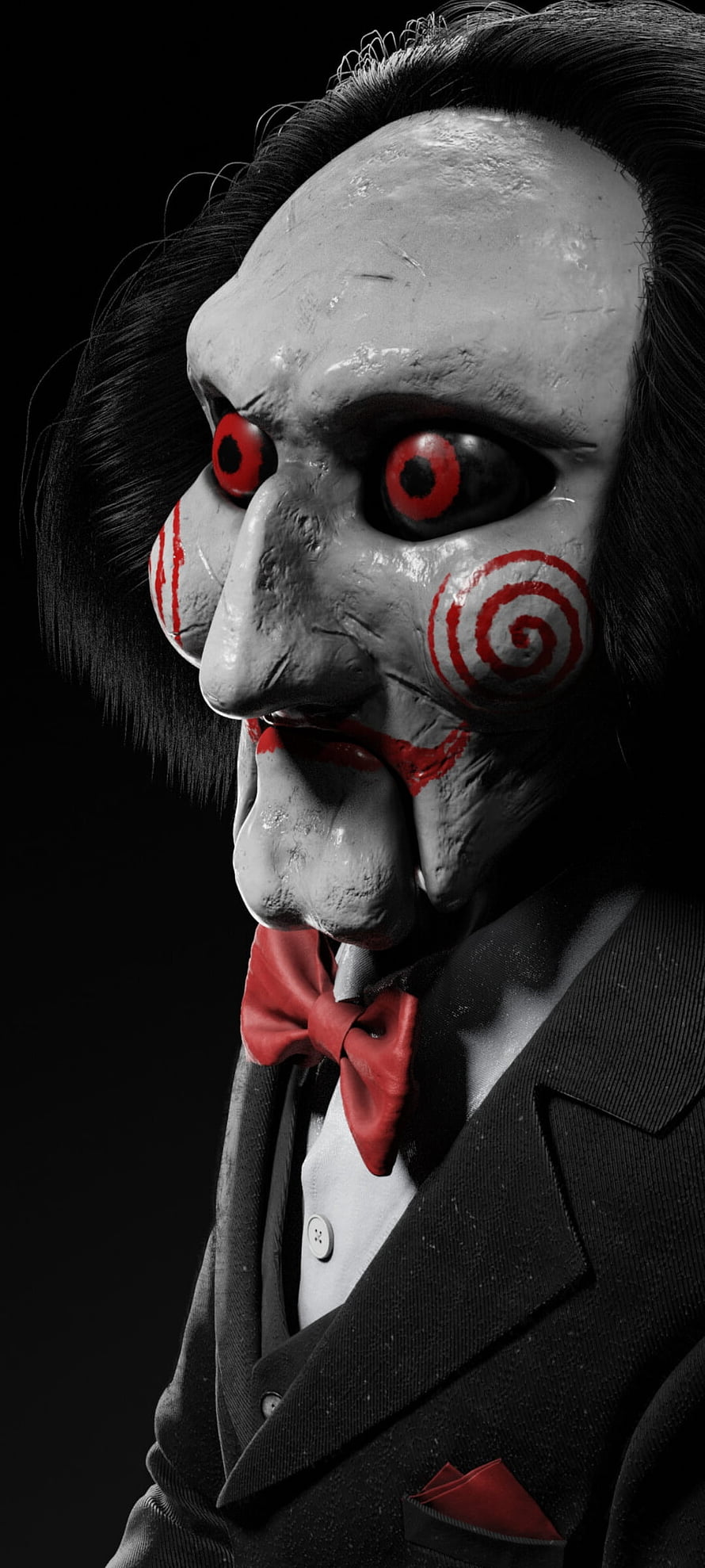 Jigsaw Billy the Puppet Horror Mask with Red Spiral Cheeks and Bow Tie HD phone wallpaper