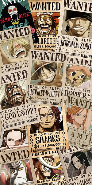 One Piece Wanted Posters Collection Featuring Luffy, Zoro, and Shanks HD phone wallpaper