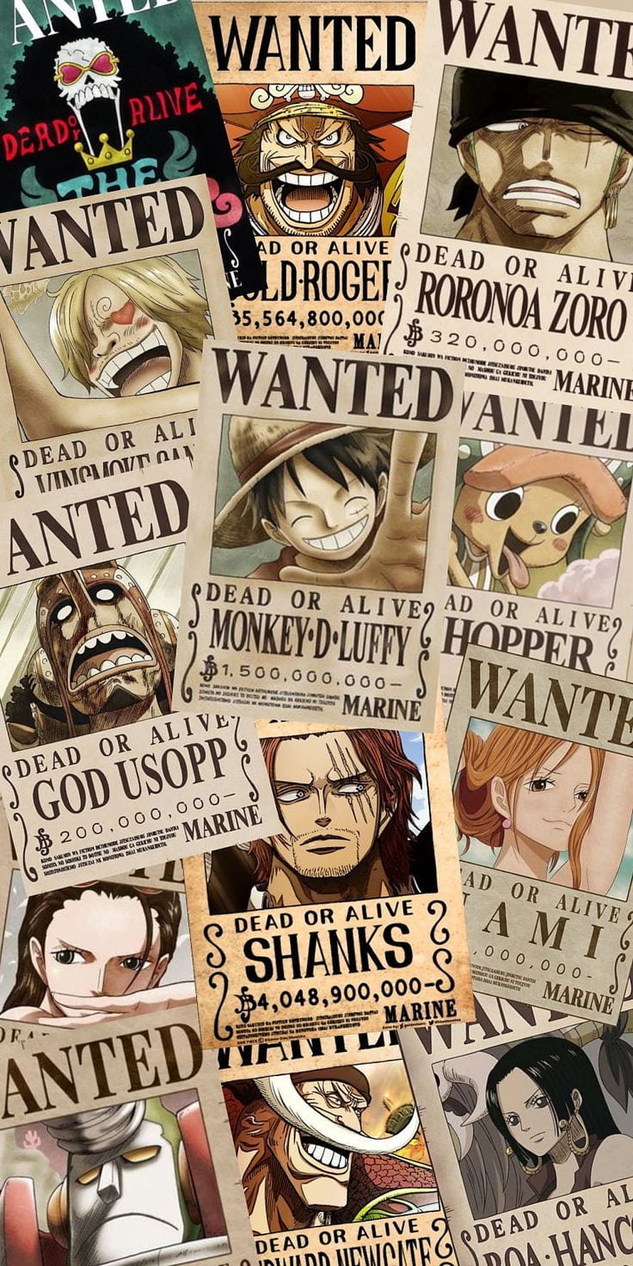 One Piece Wanted Posters Collection Featuring Luffy, Zoro, and Shanks HD phone wallpaper