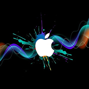 Apple Logo with Colorful Paint Splashes and Abstract Waves on Black Background HD phone wallpaper