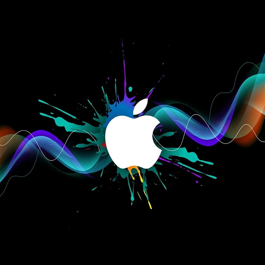Apple Logo with Colorful Paint Splashes and Abstract Waves on Black Background HD phone wallpaper