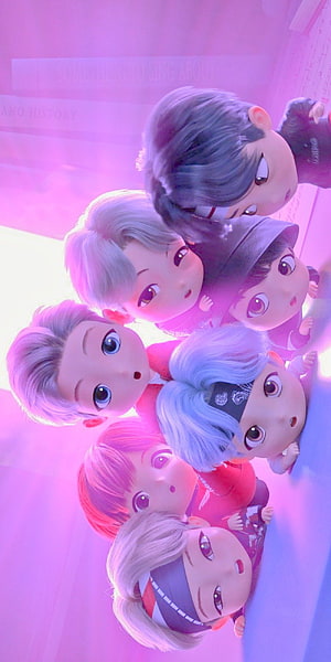 BTS Chibi Dolls Group Portrait in Pink and Purple Lighting HD phone wallpaper