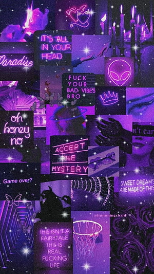 Purple Aesthetic Collage with Neon Text, Candles, and Retro Y2K Vibes HD phone wallpaper
