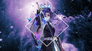 Kochou Shinobu from Demon Slayer Wielding a Glowing Sword in a Cosmic Nebula HD wallpaper