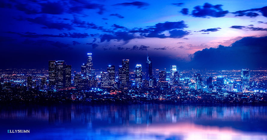 Los Angeles Skyline at Night with Blue and Purple Twilight Reflections on Water HD wallpaper