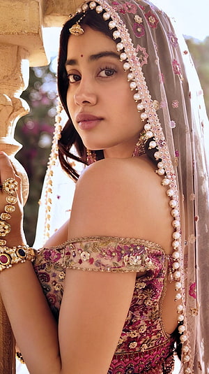 Janavi Kapoor in Traditional Indian Bridal Attire with Pearl-Adorned Veil and Floral Embroidery HD phone wallpaper