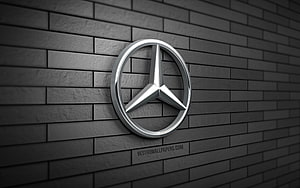 Mercedes-Benz 3D Chrome Emblem Mounted on Dark Gray Brick Wall HD wallpaper