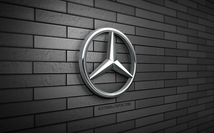 Mercedes-Benz 3D Chrome Emblem Mounted on Dark Gray Brick Wall HD wallpaper
