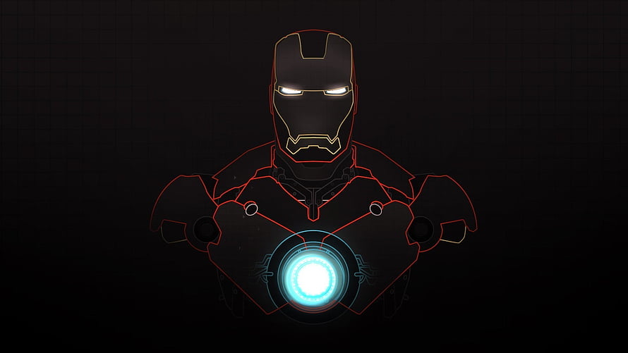 Iron Man Arc Reactor Neon Outline on Dark Grid Background, Iron Man, Cinema HD wallpaper