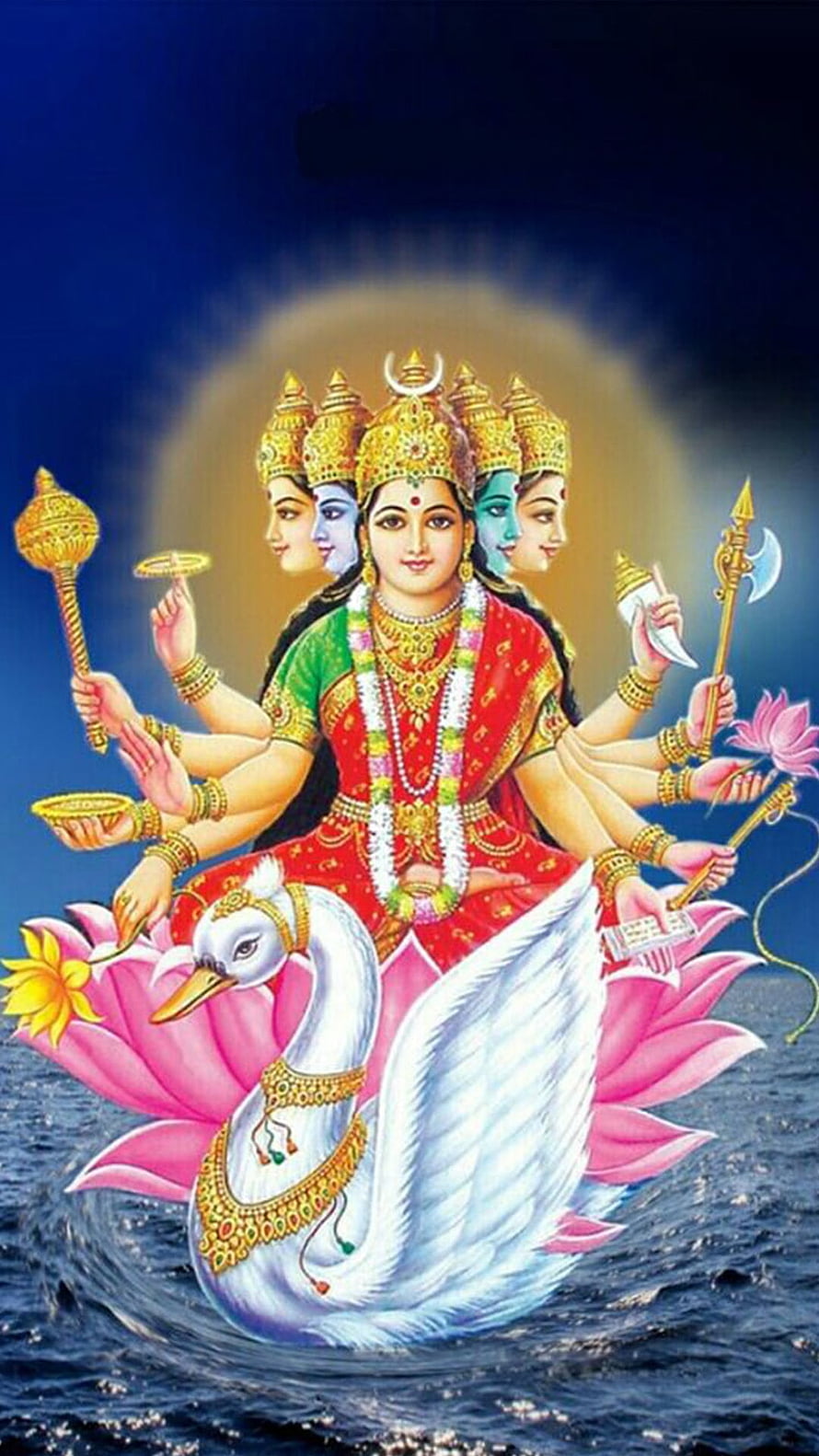 Gayatri Mata Riding a White Swan on a Lotus in Traditional Indian Art HD phone wallpaper