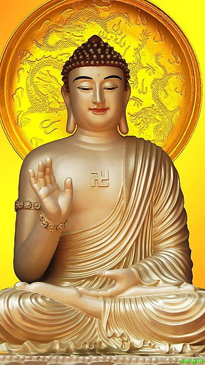 Golden Buddha Statue in Meditation Pose with Swastika Symbol and Dragon Halo HD phone wallpaper