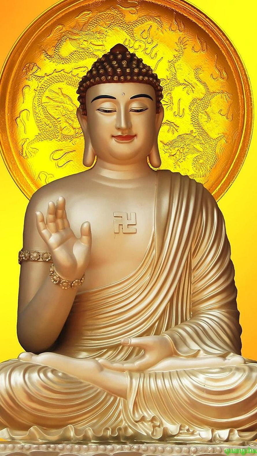 Golden Buddha Statue in Meditation Pose with Swastika Symbol and Dragon Halo HD phone wallpaper