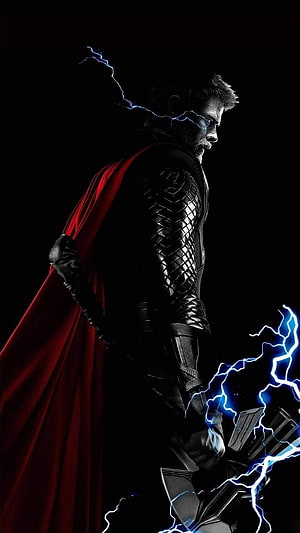 Thor Holding Stormbreaker Axe With Blue Lightning and Red Cape in Dark Cinematic Style HD phone wallpaper