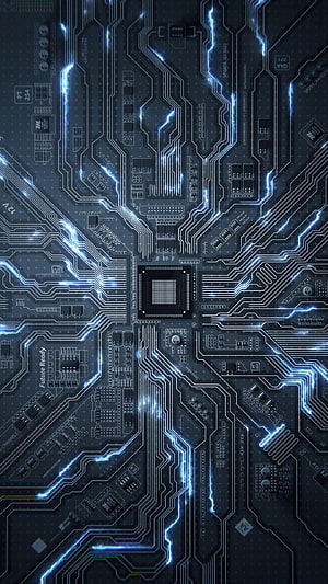 Futuristic glowing blue circuit board with central processor chip and electric energy lines HD phone wallpaper