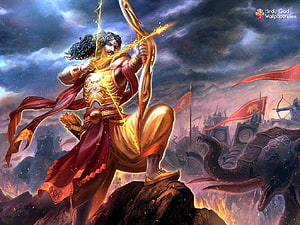 Arjuna aiming the Gandiva bow in the epic Mahabharata war with elephants and chariots HD wallpaper