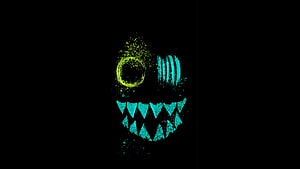 Glowing Neon Skull with Sharp Teeth and Particle Effects on Black Background HD wallpaper