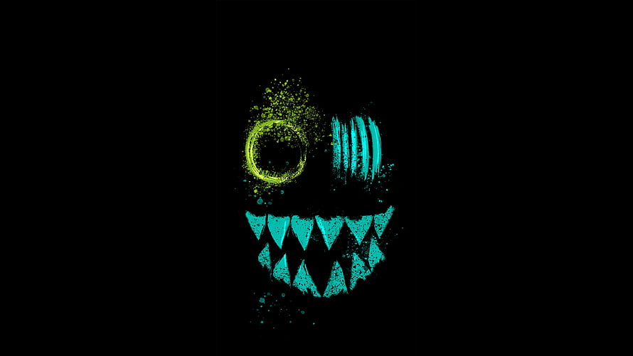 Glowing Neon Skull with Sharp Teeth and Particle Effects on Black Background HD wallpaper
