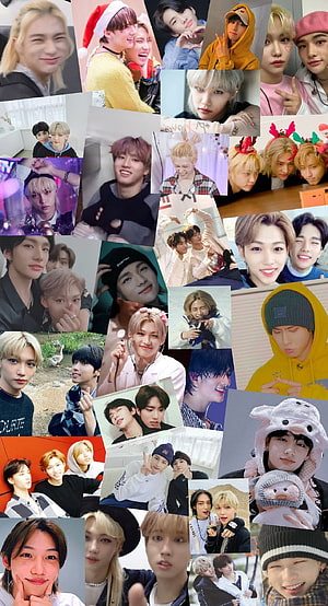 Stray Kids Member Photo Collage Featuring Hyunjin, Han, and Felix in Casual and Festive Outfits HD phone wallpaper
