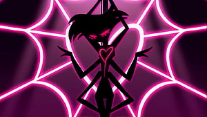 Stylized Silhouette of Blitzo from Hazbin Hotel with Glowing Pink Neon Heart and Web Background HD wallpaper