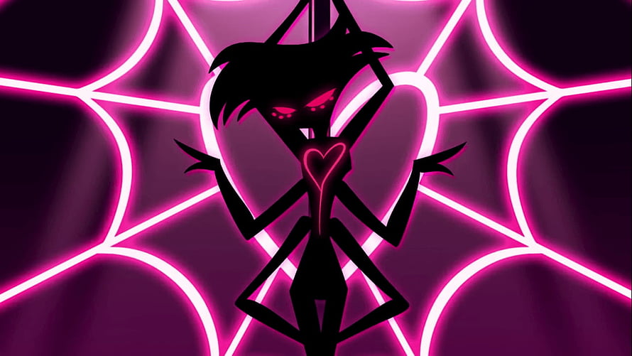 Stylized Silhouette of Blitzo from Hazbin Hotel with Glowing Pink Neon Heart and Web Background HD wallpaper