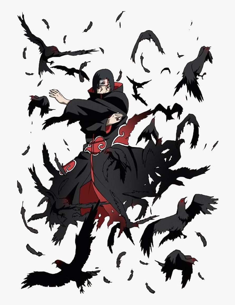 Itachi Uchiha Surrounded by Crows in Akatsuki Cloak Anime Illustration HD phone wallpaper
