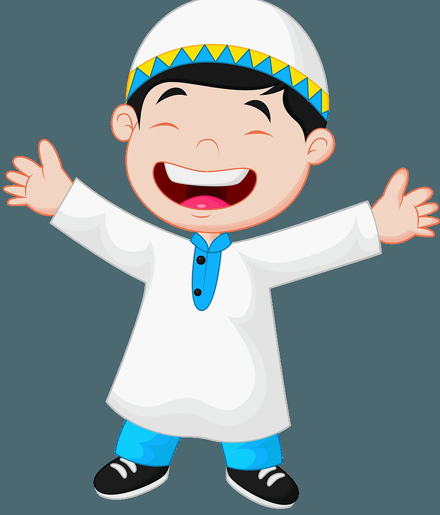 Cheerful Muslim Boy Cartoon Character Wearing Traditional White Thobe and Patterned Cap HD phone wallpaper
