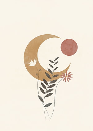Minimalist Crescent Moon and Floral Illustration with Earthy Tones HD phone wallpaper