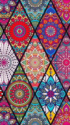 Vibrant Geometric Mandala Pattern with Intricate Floral Motifs and Diamond Grid Layout HD phone wallpaper