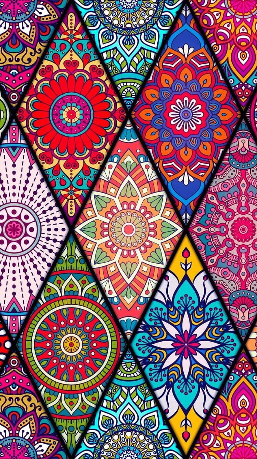 Vibrant Geometric Mandala Pattern with Intricate Floral Motifs and Diamond Grid Layout HD phone wallpaper