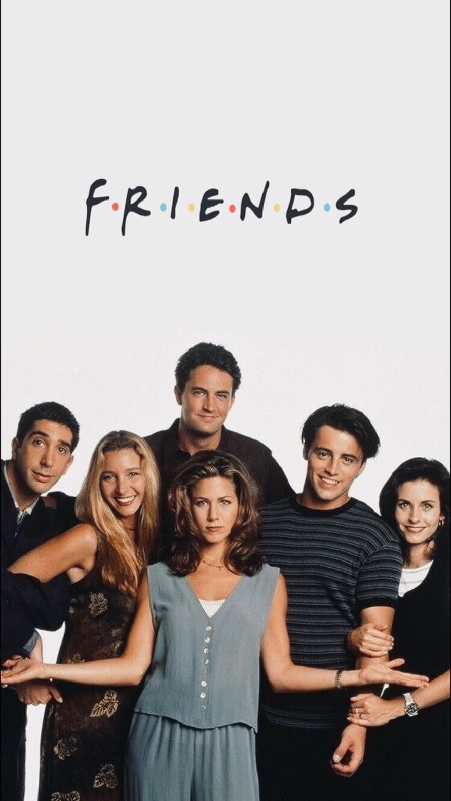 Friends TV Series Cast Group Portrait with Classic Logo on White Background HD phone wallpaper