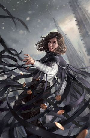 Vin from Mistborn by Brandon Sanderson in a snowy landscape with swirling dark ribbons and floating coins HD phone wallpaper