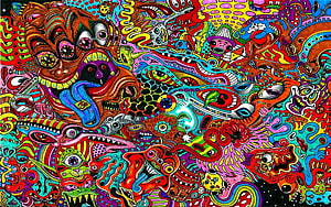 Vibrant Psychedelic Surrealist Artwork Featuring Grotesque Creatures and Intricate Patterns HD wallpaper