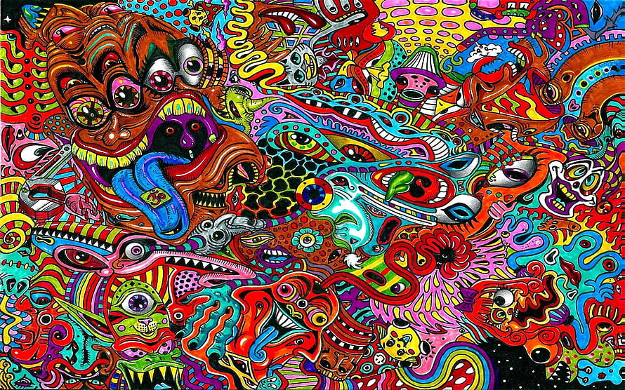 Vibrant Psychedelic Surrealist Artwork Featuring Grotesque Creatures and Intricate Patterns HD wallpaper