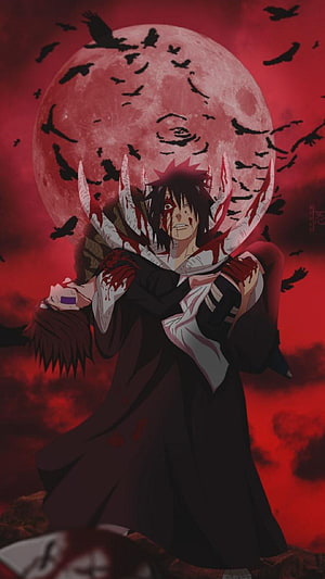 Itachi Uchiha holding dead Sasuke with Susanoo against a red moon and crows HD phone wallpaper