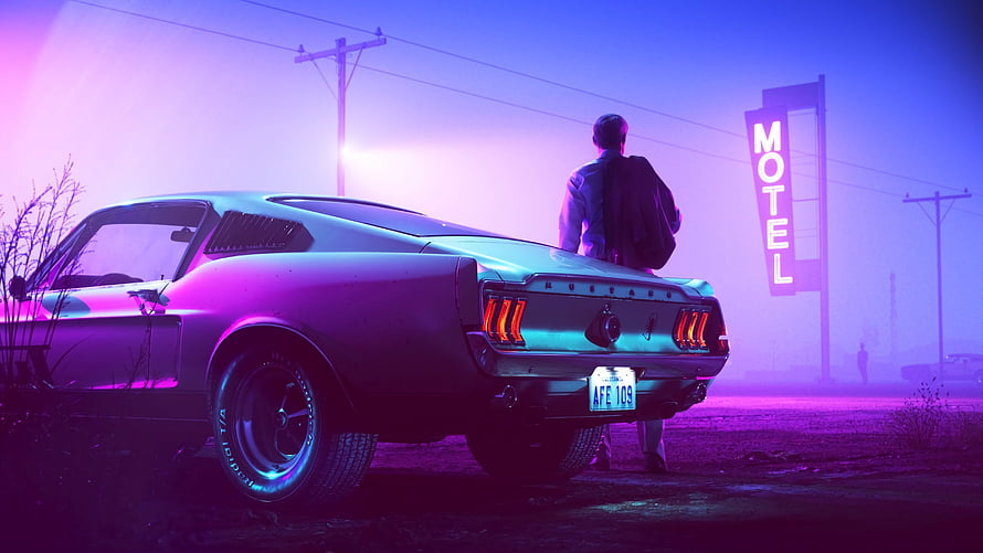 Retro Mustang and Lone Traveler at Neon Motel Under Purple Haze HD wallpaper
