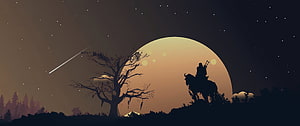 Silhouette of a Cowboy on Horseback Against a Giant Moon and Starry Night Sky HD wallpaper